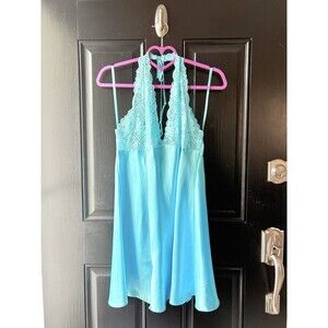 VTG Frederick’s of Hollywood Blue Satin Lace Dress Lingerie Size L Sexy Backless
